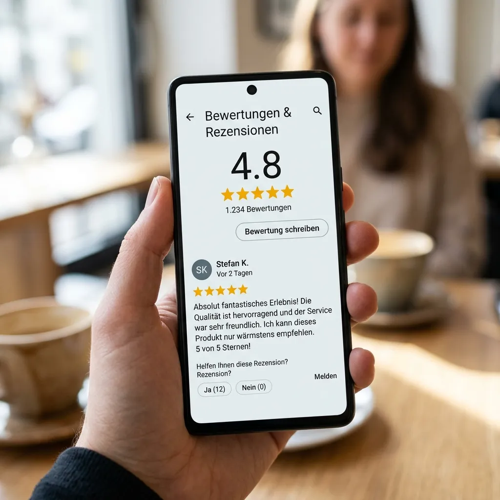 Smartphone mit einer deutschen 5-Sterne-Google-Bewertung