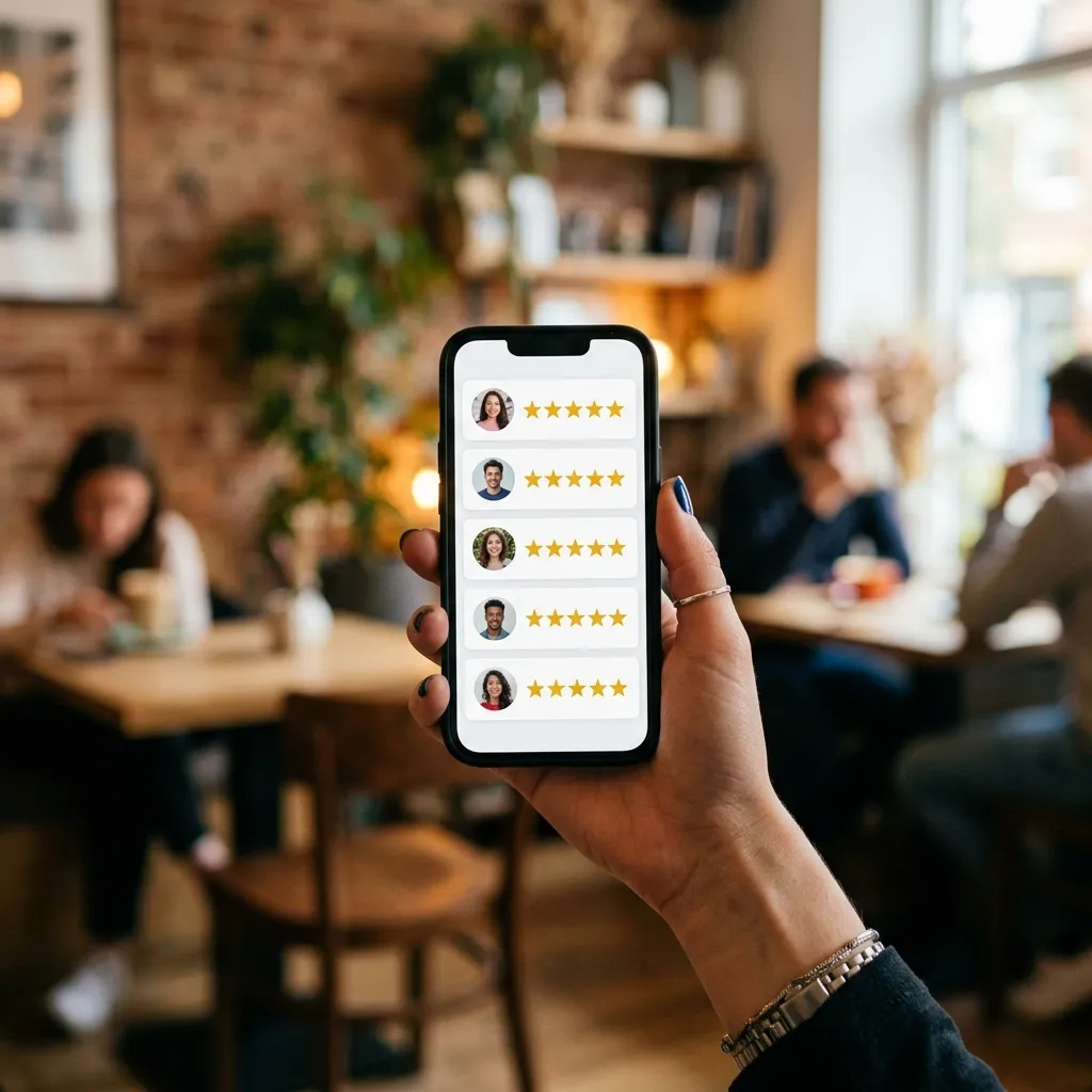 Smartphone displaying a list of Google reviews with 5 star ratings