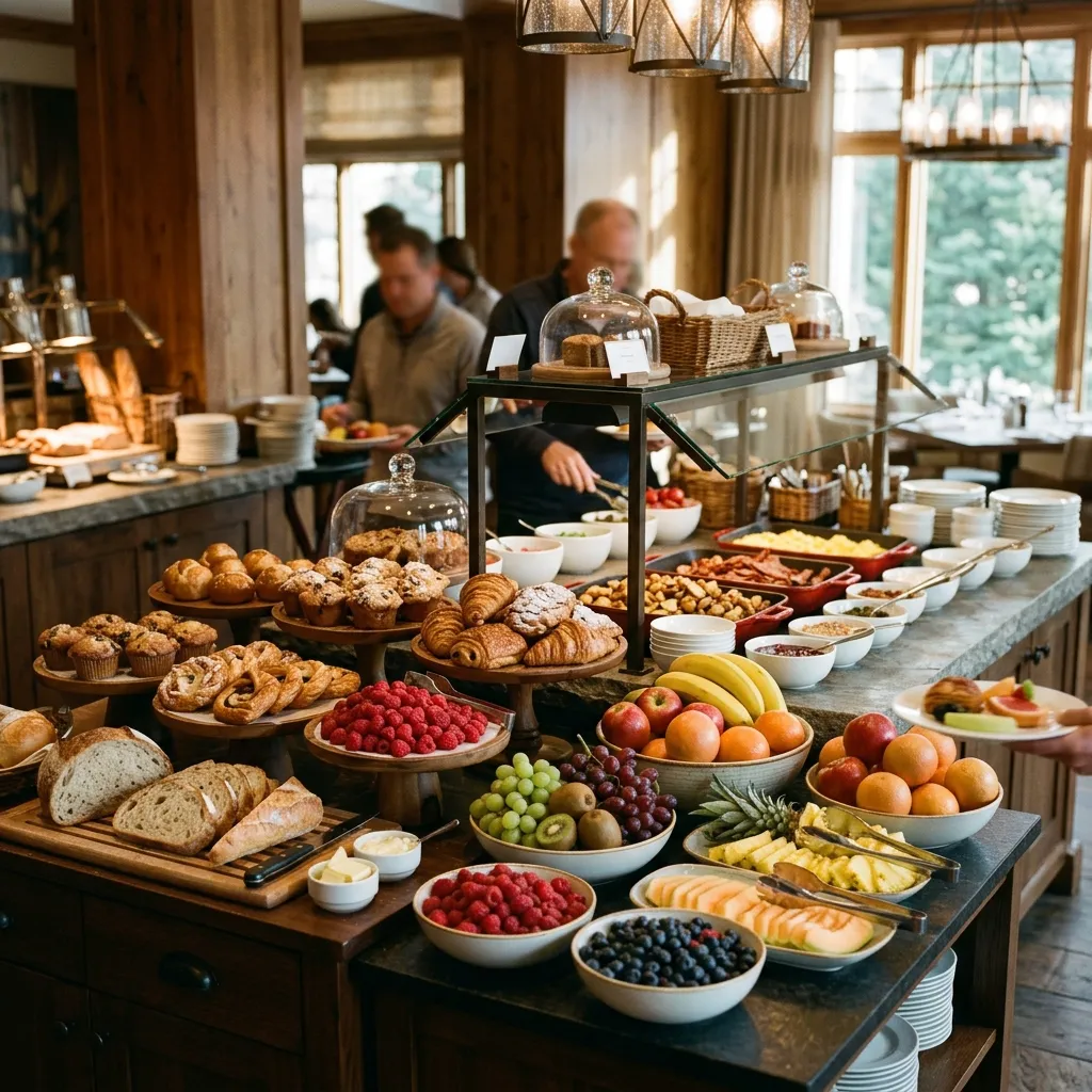 Buffet de petit-déjeuner d'hôtel avec fruits frais et viennoiseries